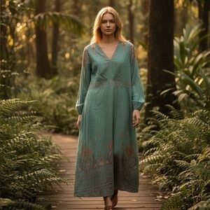Bohemian Embroidered V Neck Maxi Dress Teal‎ Long Sleeve Flowy Resortwear XL